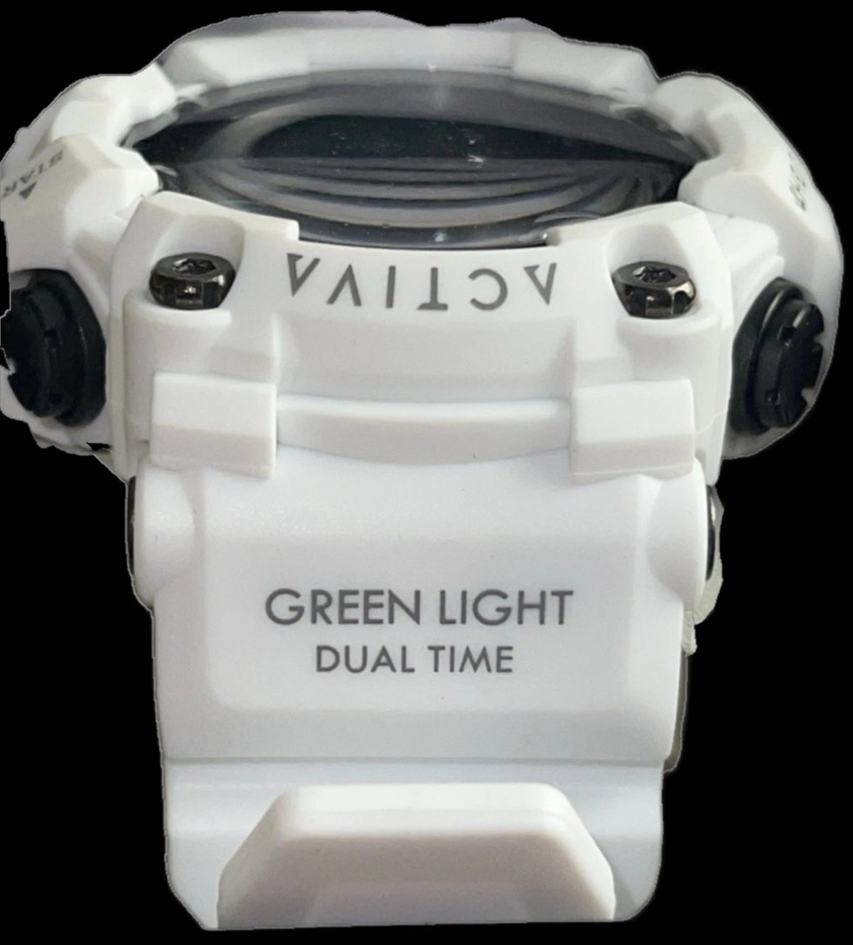 Activa Kadron X 53mm White watch green light dual time side detail